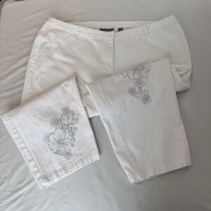 Kate Hill Womens 20W White Cotton Floral Embellished Pants Plus Size